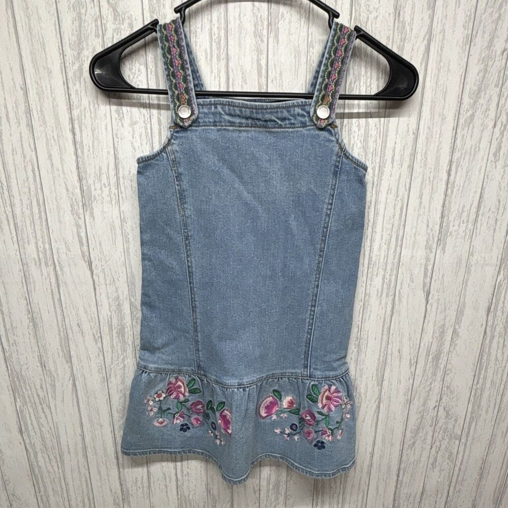 Monsoon Girls Blue Denim Overall Pinafore Dress Embroidered Floral Hem 5-6